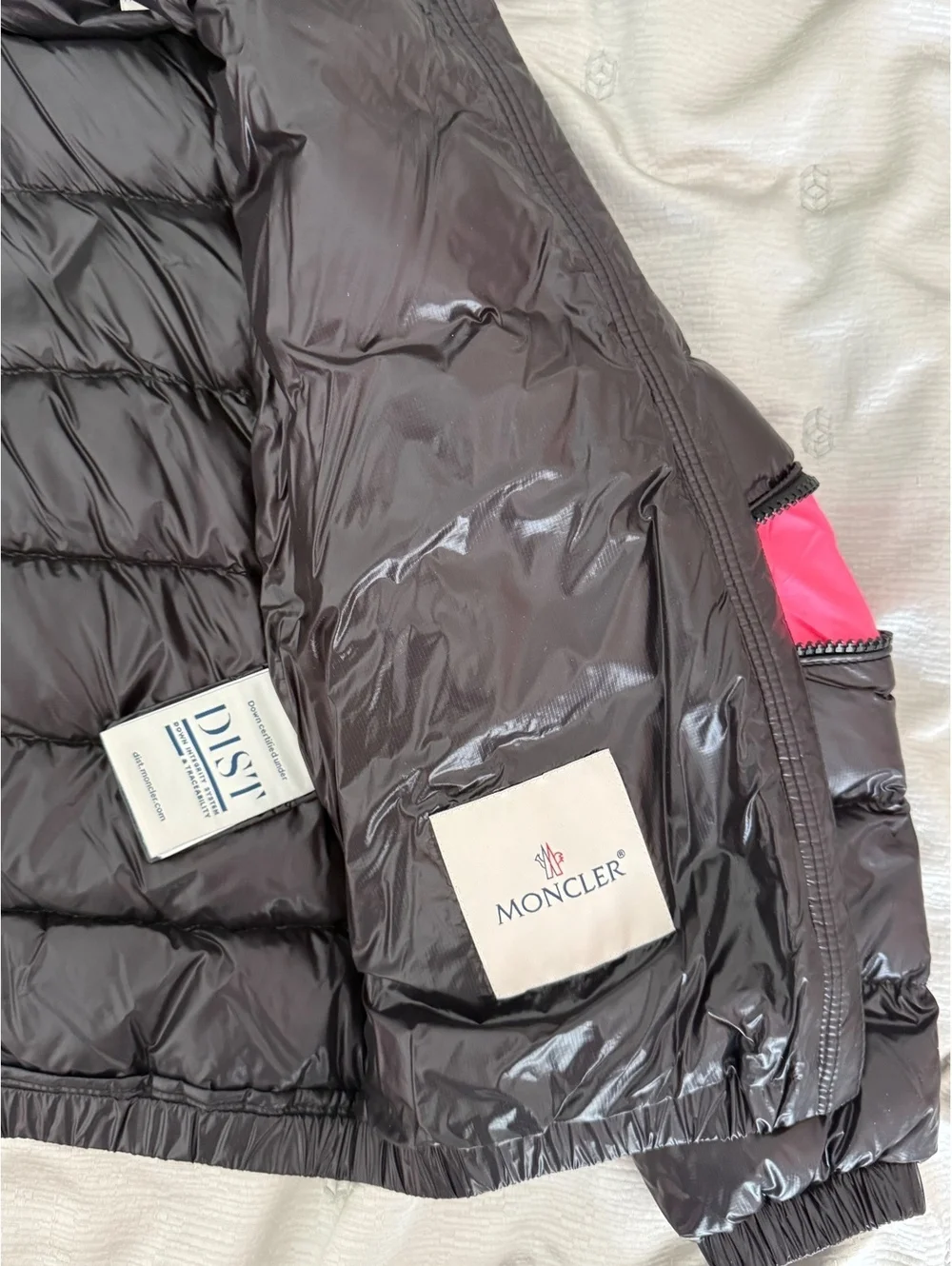 Moncler Girls Black Lightweight Down Puffer Jacket Hooded Pink Zip Size 10Y